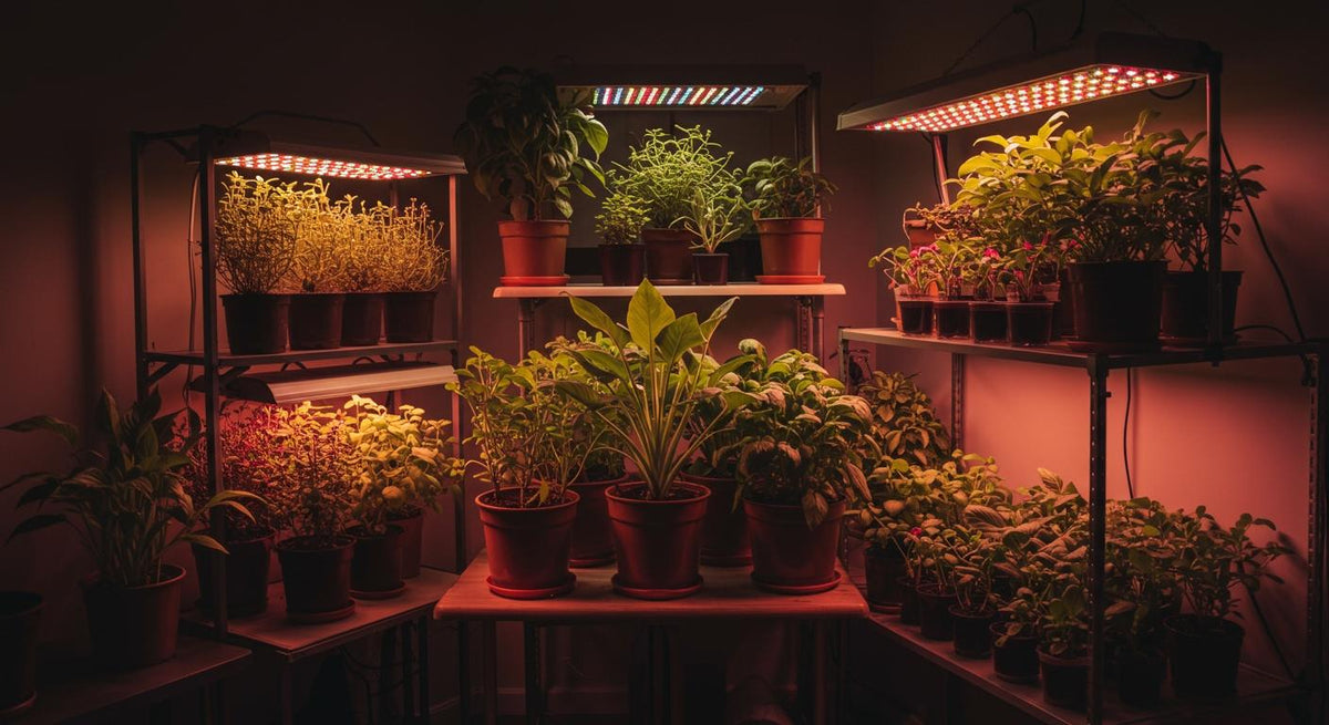 Illustrative indoor plants arranged on shelves beneath rectangular grow-light panels.
