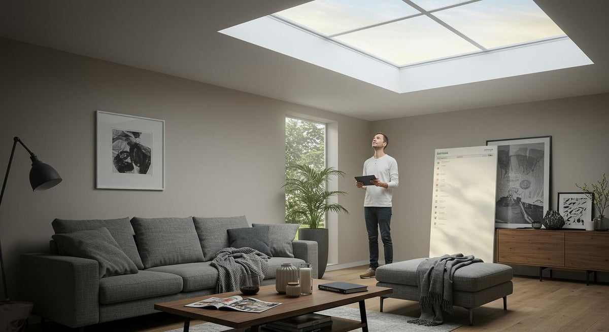Illustrative living room with a large luminous ceiling panel, grey sofa and a person holding a tablet.