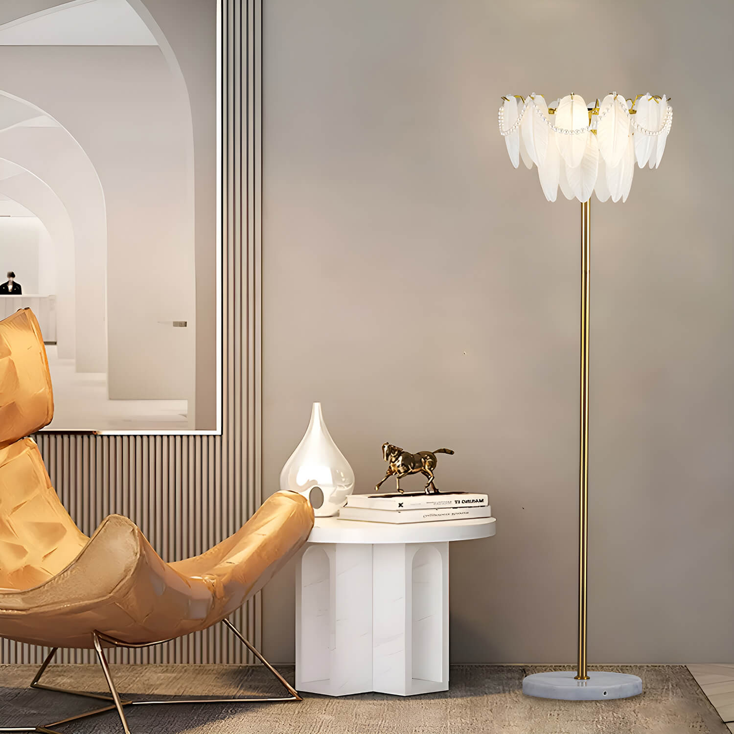 Elegant Classic Crystal Floor Lamp with White Feather Shade | Lumimuse