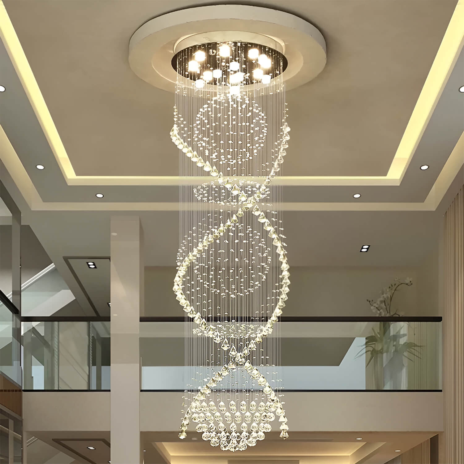 Double Spiral Crystal Chandelier With Three Spheres For Foyer | LumiMuse