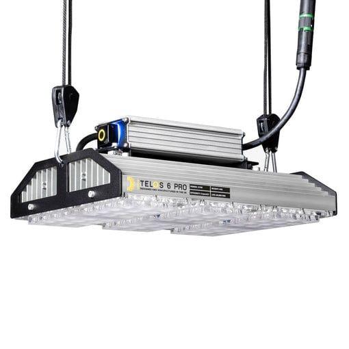 LED grow lights: compact silver finned body with dark end frames and hanging cords.