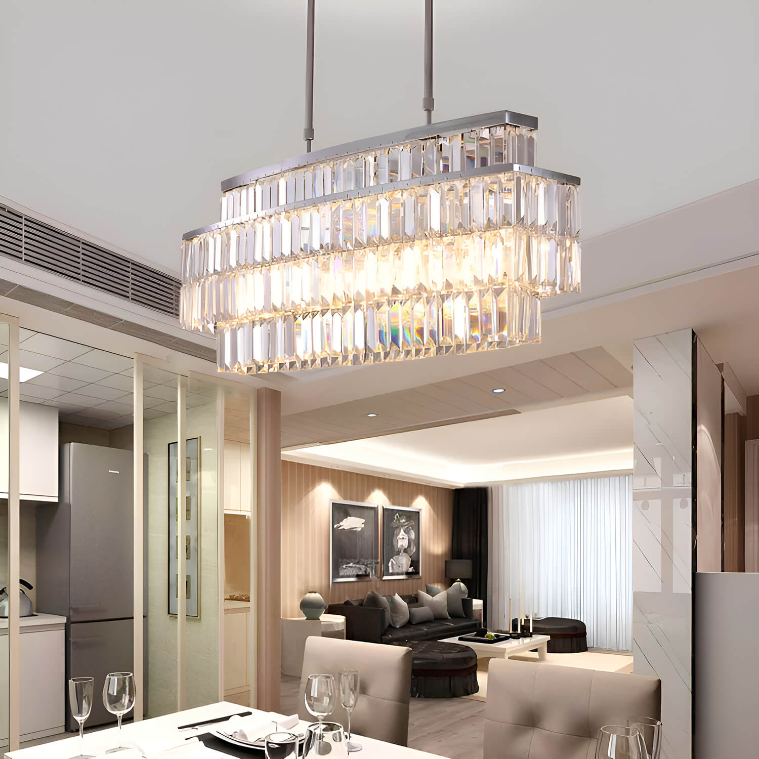 Modern Rectangular Crystal Chandelier - Rod-Type Pendant Light | LumiMuse