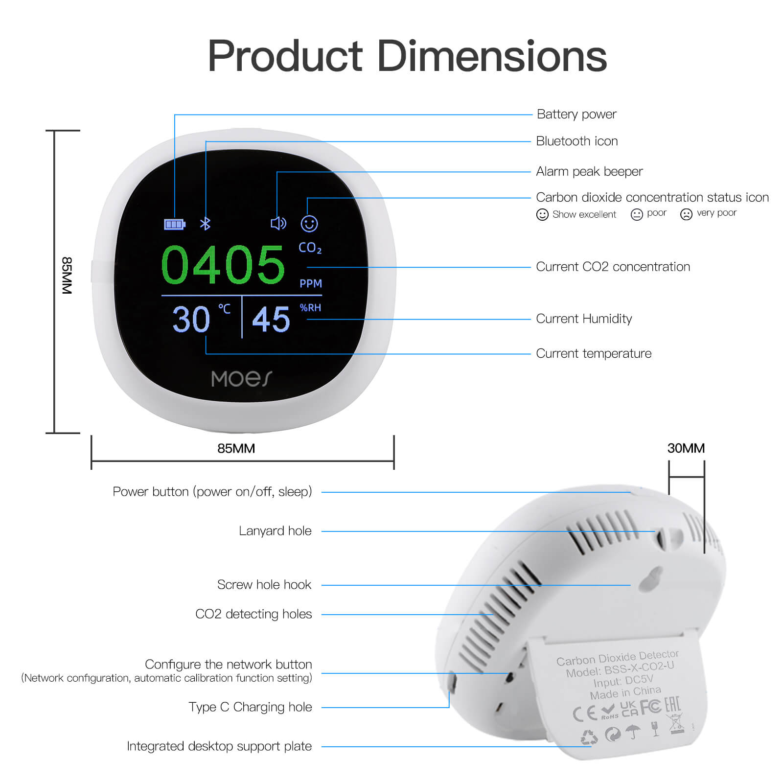 LumiMuse Bluetooth Smart Carbon Dioxide Tester Portable CO2 Temp Humi Air Quality Monitor