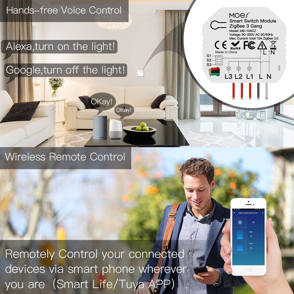 LumiMuse Tuya Zigebee Module, DIY 3 Gang Smart Switch, 1 2 Way Circuit Breaker Interruptor