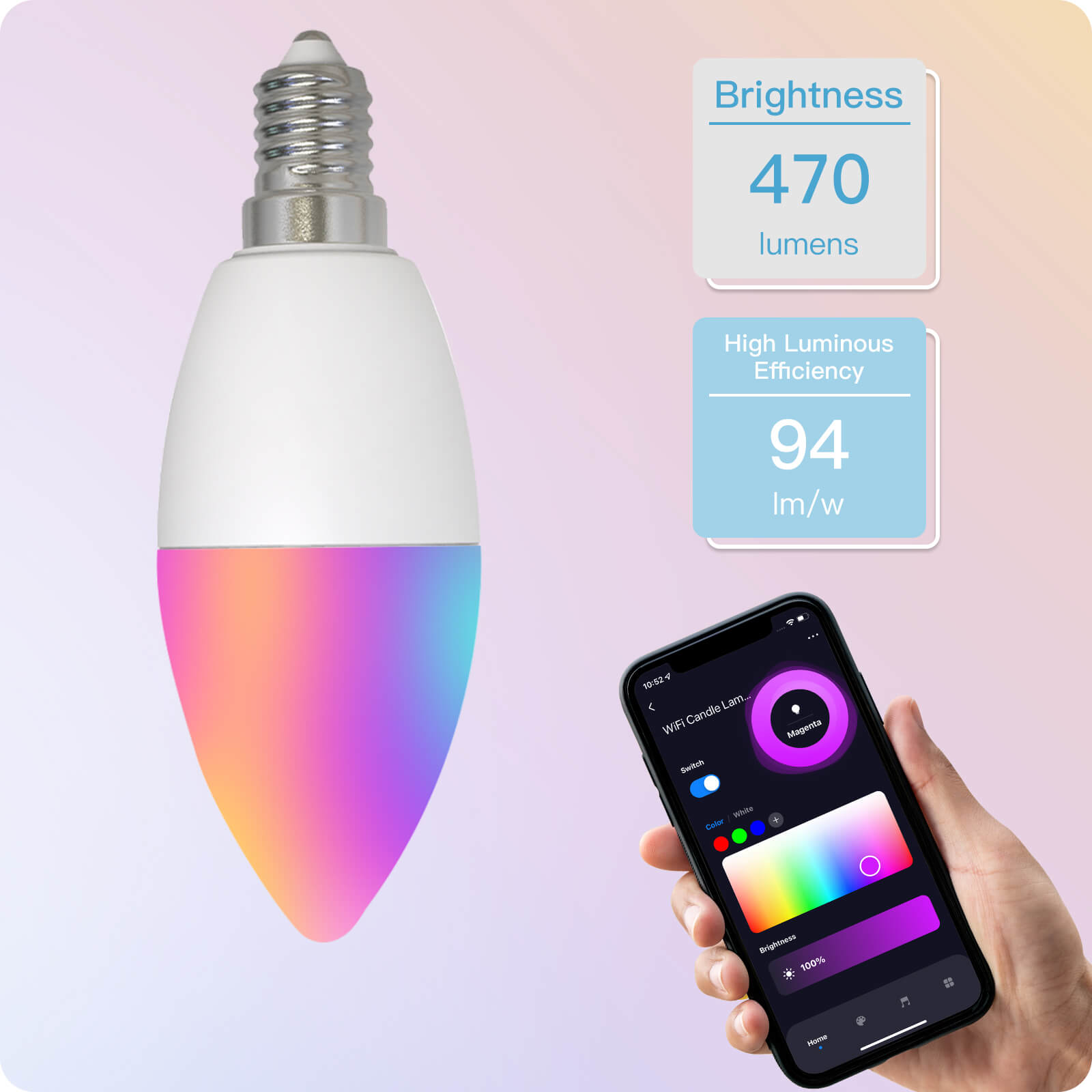 LumiMuse WiFi Smart E14 6W/ E12 5W Candle LED Light Candelabra Bulb RGBCCT 2700-6500K Alexa Google Voice Control