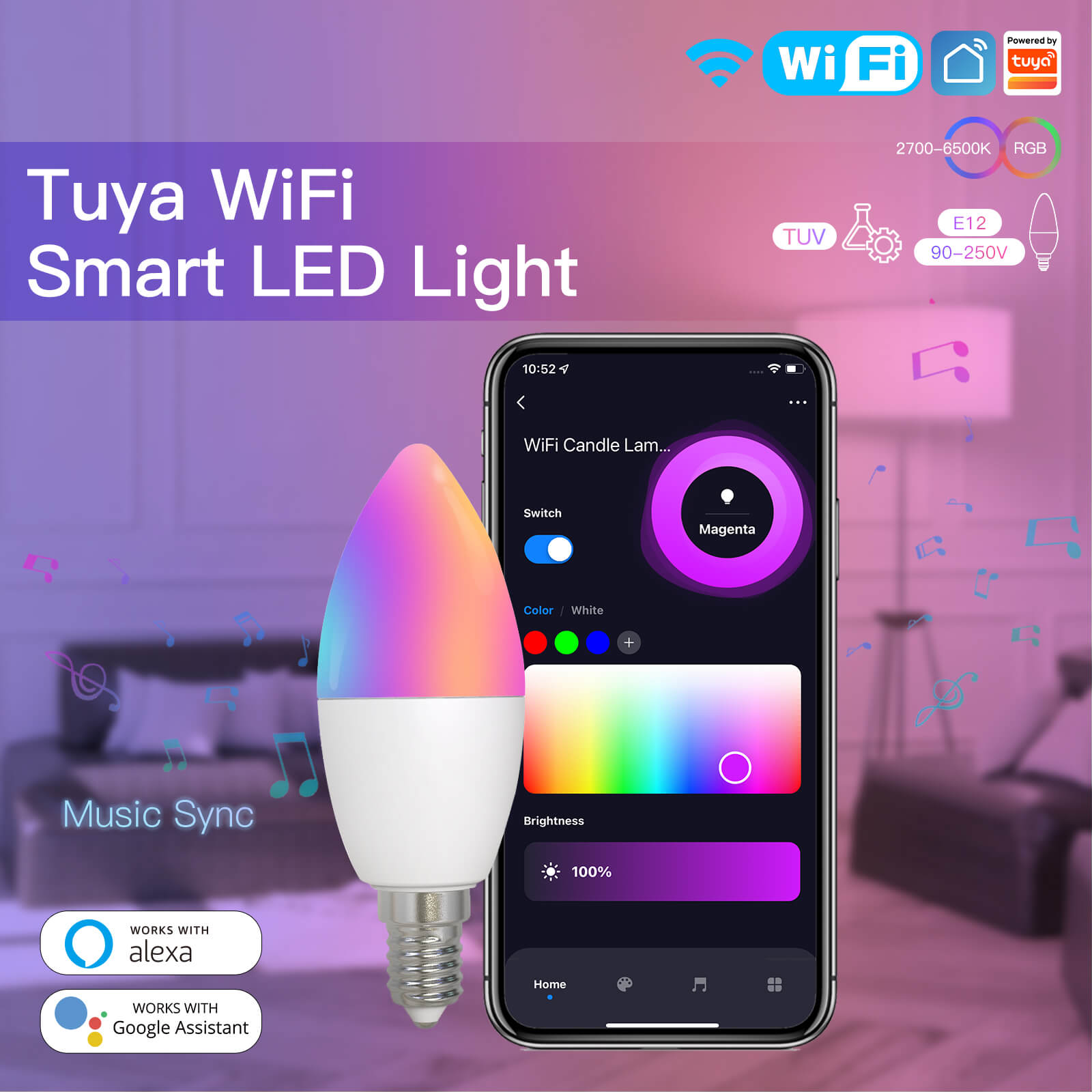 LumiMuse WiFi Smart E14 6W/ E12 5W Candle LED Light Candelabra Bulb RGBCCT 2700-6500K Alexa Google Voice Control - A Pack of 5 Boxes