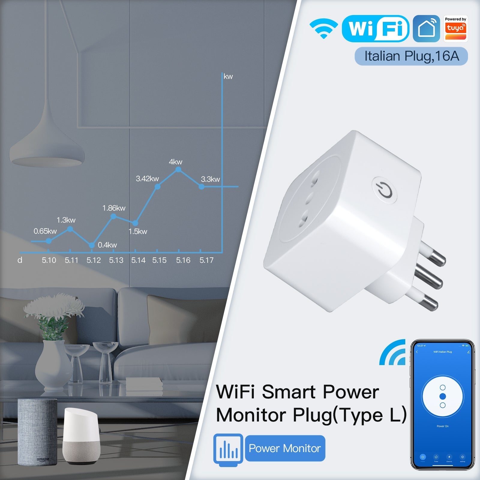 LumiMuse WiFi Smart Socket Power Plug(Type L) Italian 16A Energy Monitor