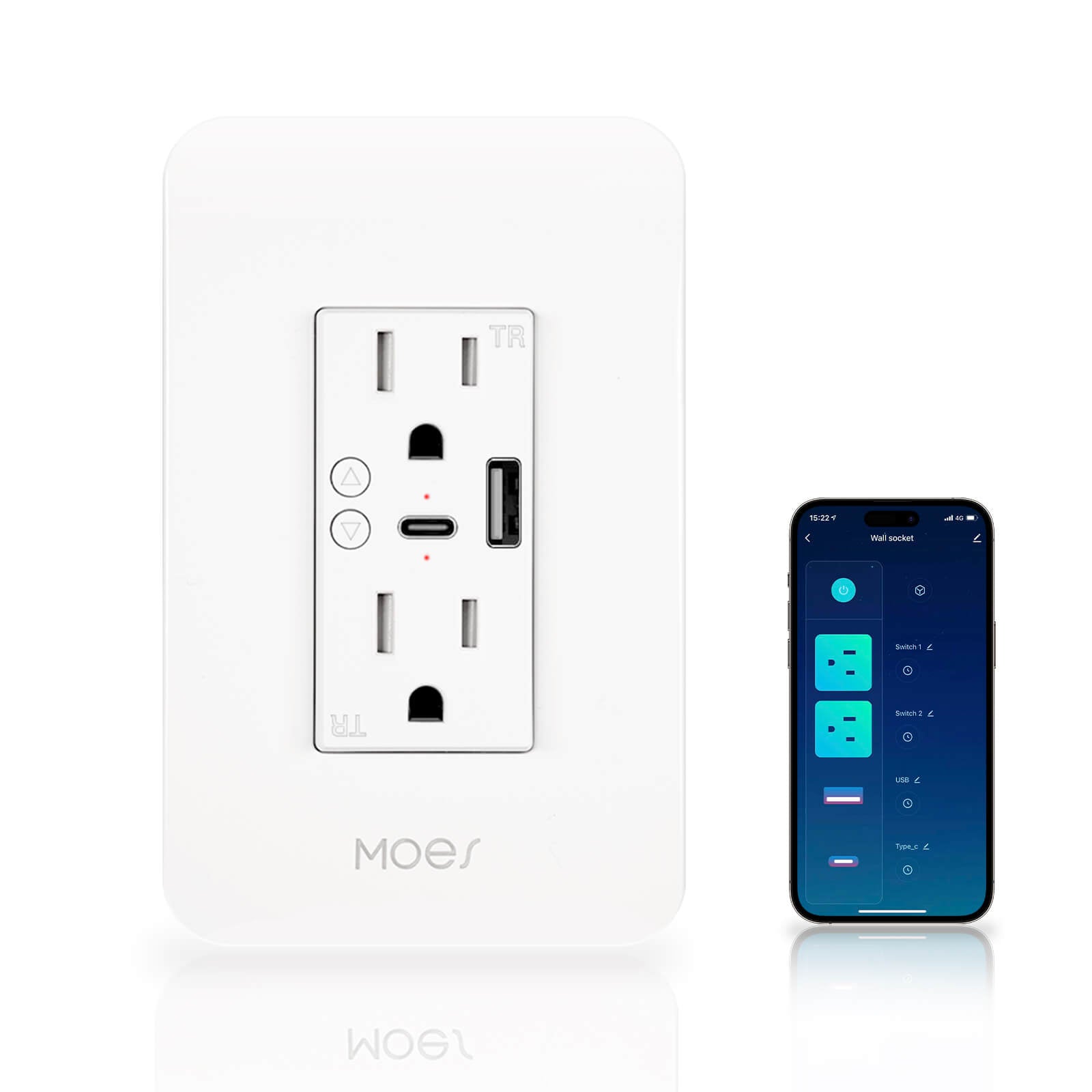 Smart WiFi USB Wall Outlet with Type-C & Type-A Ports, in-Wall Plug Socket Receptacle 15A