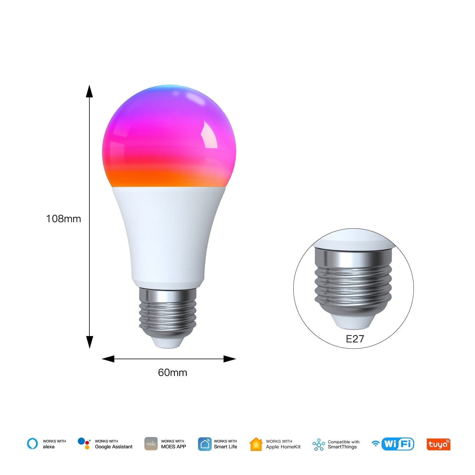 Tuya Matter WiFi Smart LED E27 Dimmable Light Bulbs RGB 2700K-6500K W+C