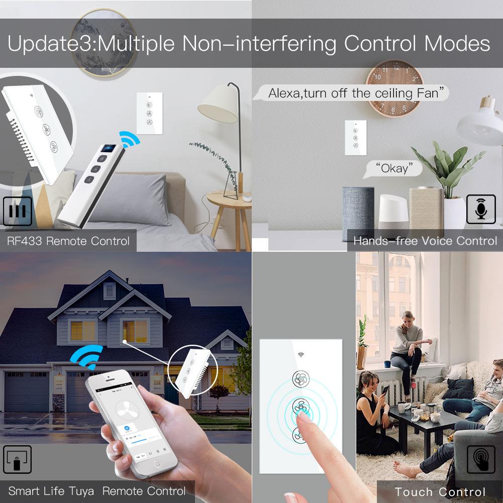 WiFi RF433 Smart Ceiling Fan Touch Switch Single Pole Neutral Wire Required US