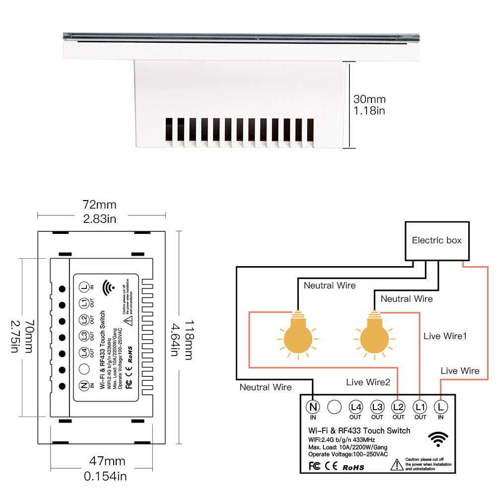 RF433 WIFI Smart Wall Touch Light Switch Glass Panel, 3 Way Multi-Control Neutral Wire Required US Standard