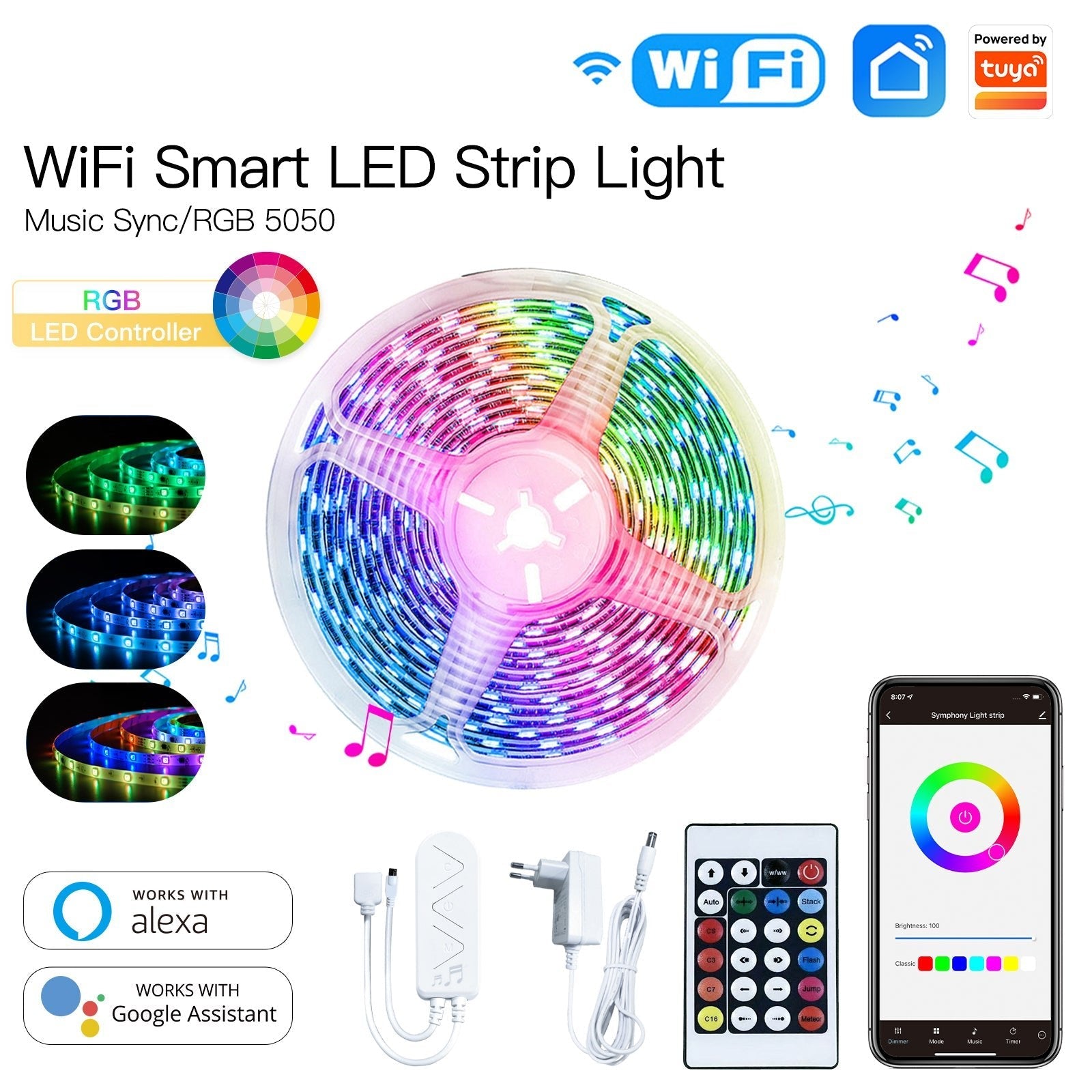 LumiMuse WiFi Smart LED Light Strip RGB Strip Light 5050 Controller Party Music Sync Mic Sound Color Changing LED Strips with Remote