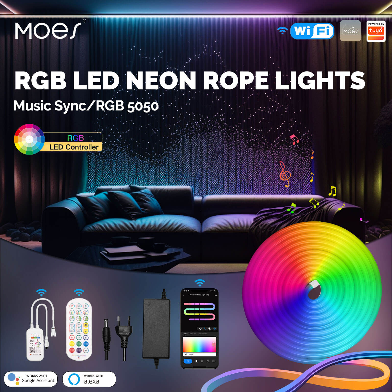 Wifi Smart LED Neon Light Strip RGB Color Led Tape Lamp for TV Backlight, Home Party Decor