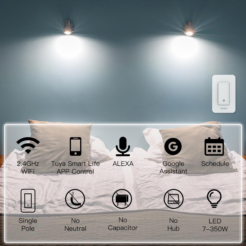 WiFi Smart Switch No Neutral, Push Button Switch, Single Pole 100-120V, Wire Required No Capacitor US
