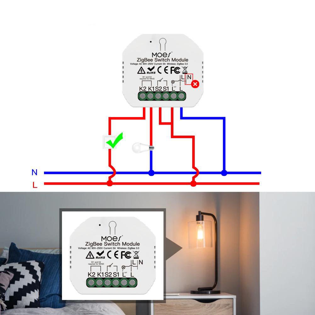 ZigBee Smart Light Switch Module Tuya No Neutral Wire 2 Way Required 2MQTT Relay