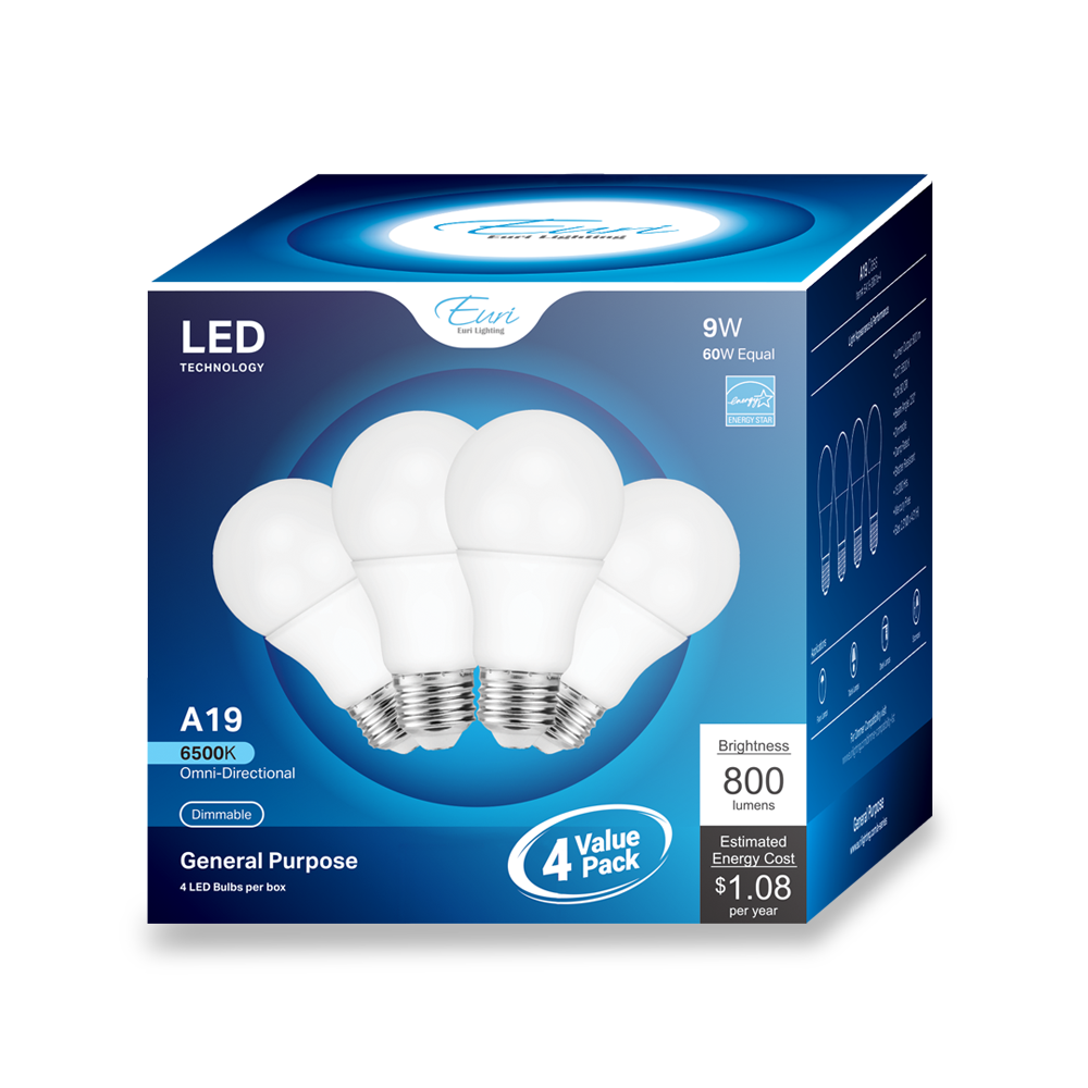 LED A19 Light Bulb With E26 Medium Base - 9W - 800 lumens - 6500K - Dimmable - Lumimuse
