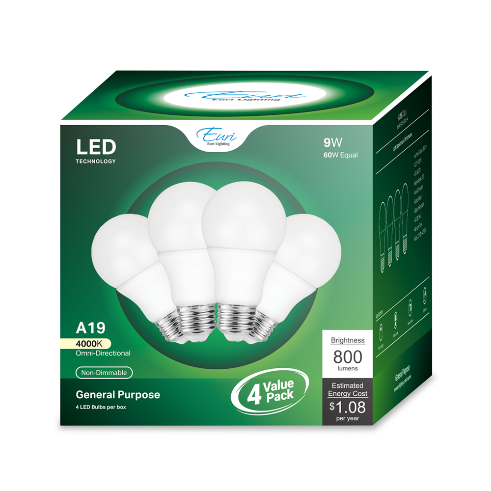 LED A19 Light Bulb With E26 Medium Base - 9W - 800 lumens - 4000K - Lumimuse