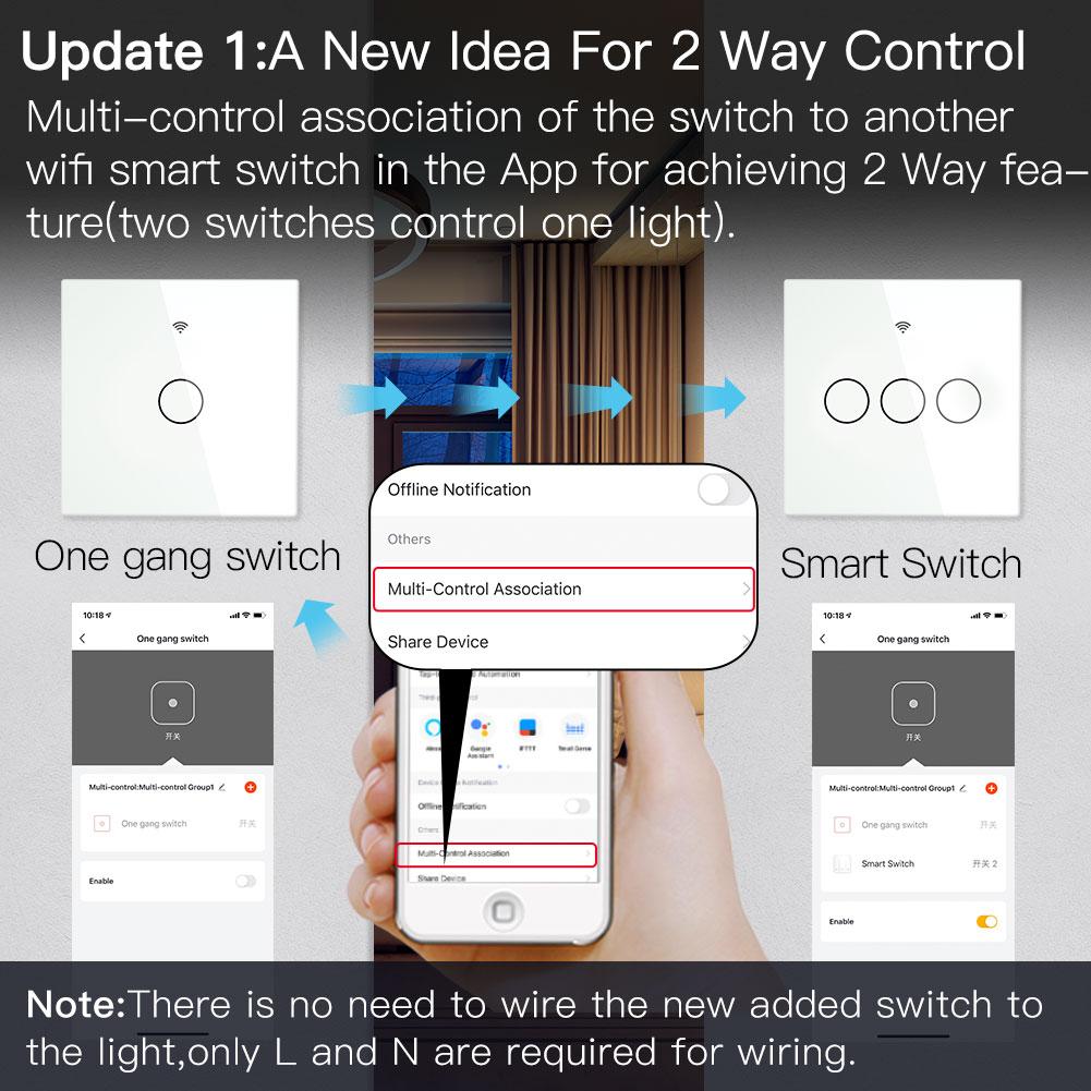 WiFi RF433 Smart Touch Light Switch 1/2/3/4 Gang 2 Way Multi-Control Neutral Wire Required EU (A Pack of 5 Boxes)
