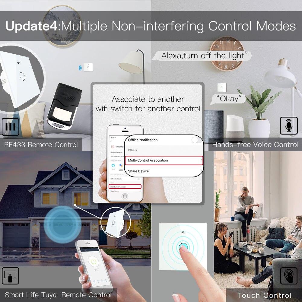 WiFi RF433 Smart Touch Light Switch 1/2/3/4 Gang 2 Way Multi-Control Neutral Wire Required EU (A Pack of 5 Boxes)