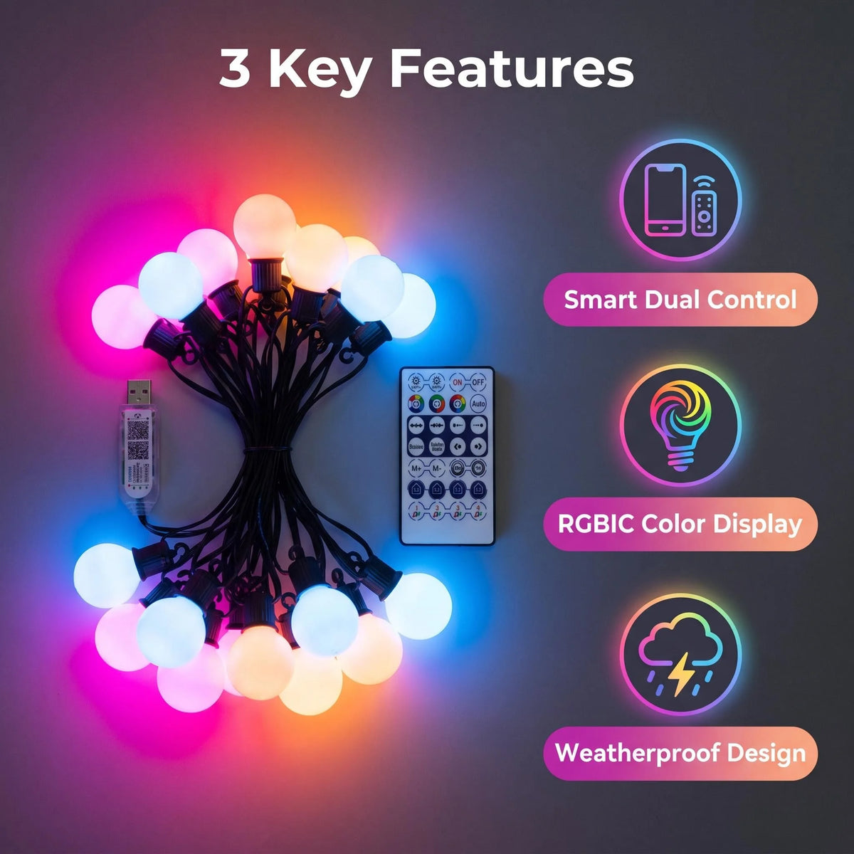 Smart Festoon Bulb String Lights — WiFi & Bluetooth, USB