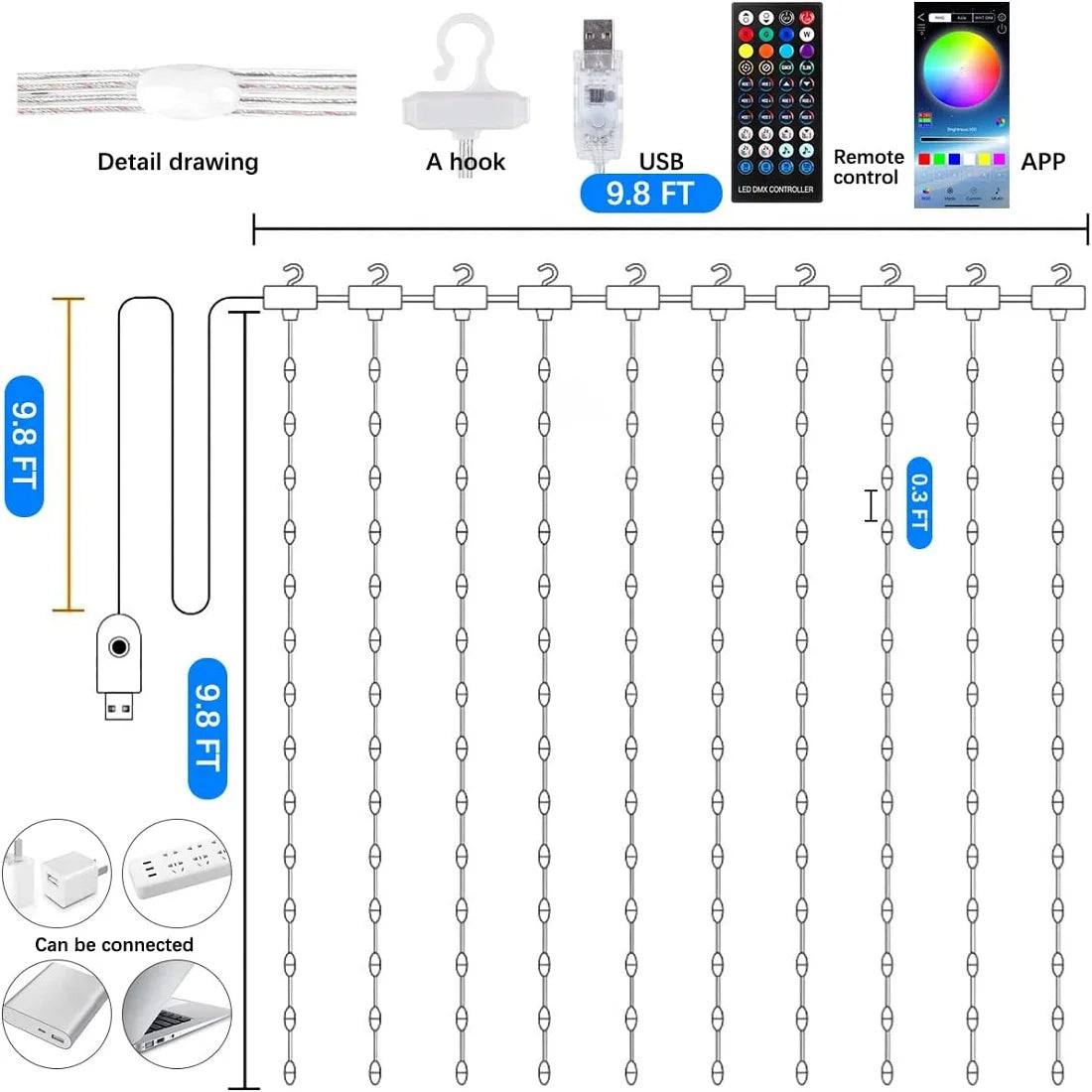 Smart LED Curtain Lights 3×3m — App, Music Sync, USB