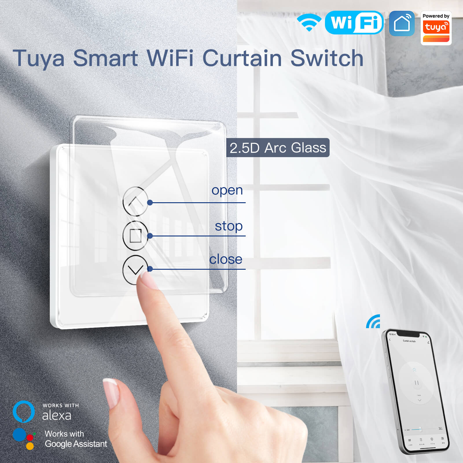 LumiMuse WiFi Curtain Switch RF433 Smart 2.5D Arc Glass Touch Panel for Roller Blinds Shutters