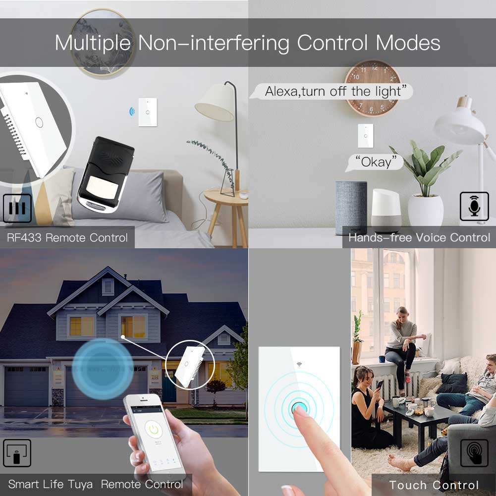 WiFi RF433 Smart Light Wall Touch Switch Single Pole No Neutral 95-130V US Standard