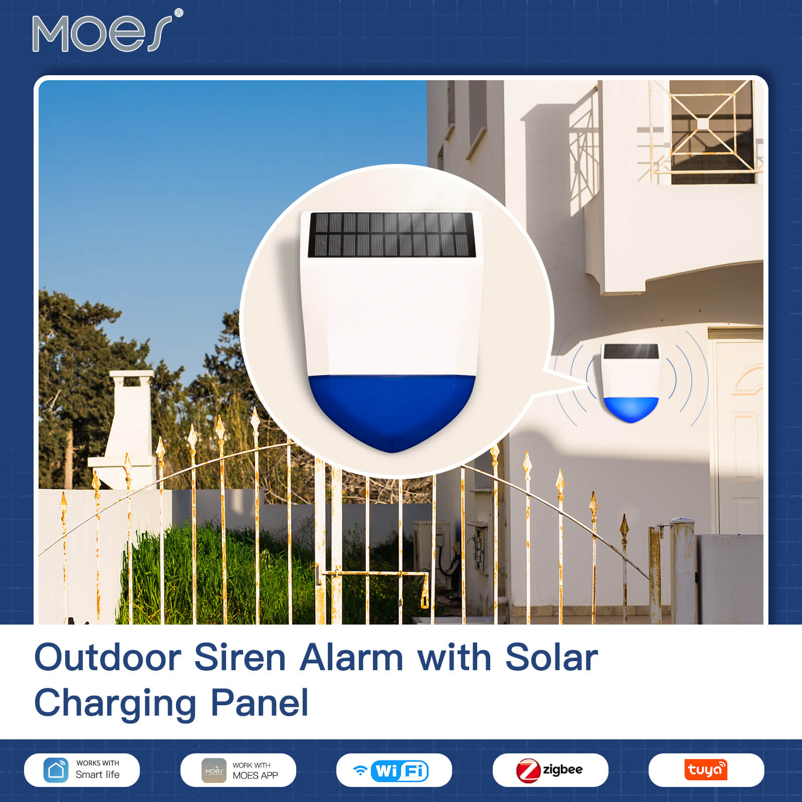 Tuya Smart Wifi/Zigbee Sound Light Siren Alarm Solar Energy Outdoor IPX5 Waterproof  Tamper Alarm With Rechargeable Battery