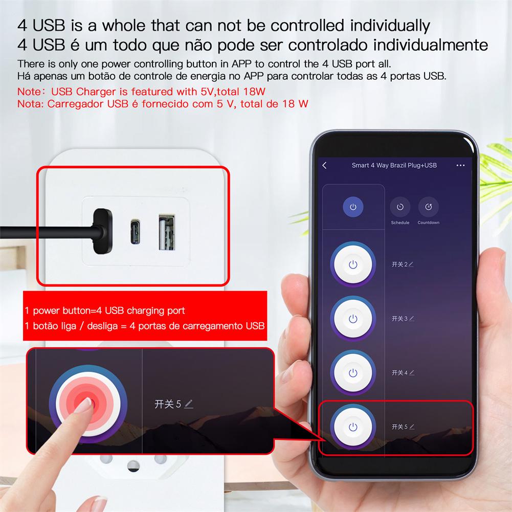 WiFi Smart Power Strip Surge Protector 4 Plug Outlets Electric Socket with USB/Type C [Brazil Version]
