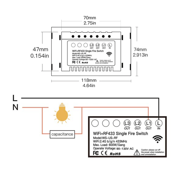 WiFi RF433 Smart Light Wall Touch Switch Single Pole No Neutral 95-130V US Standard
