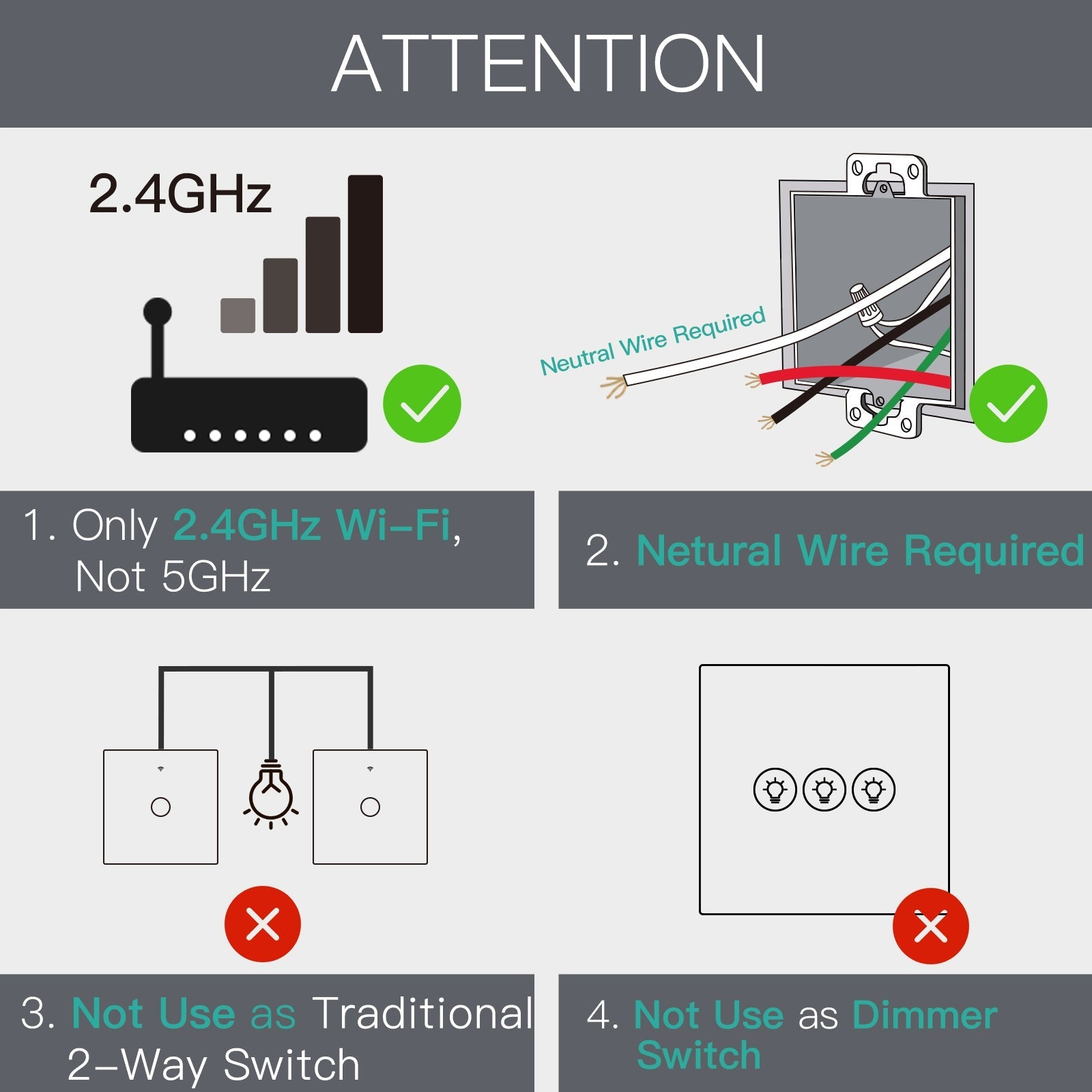 WiFi RF433 Smart Touch Light Switch 1/2/3/4 Gang 2 Way Multi-Control Neutral Wire Required EU (A Pack of 5 Boxes)