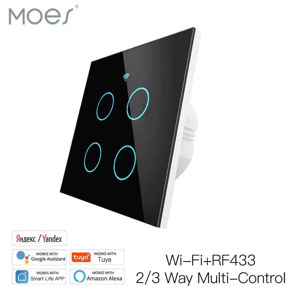WiFi RF433 Smart Touch Light Switch 1/2/3/4 Gang 2 Way Multi-Control Neutral Wire Required EU (A Pack of 5 Boxes)