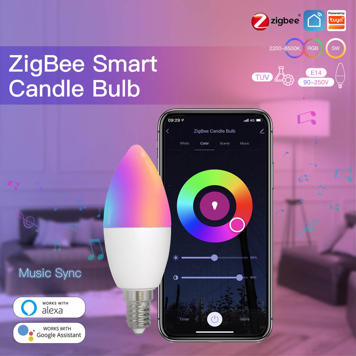 ZigBee Smart E14 Candle LED Light Candle Bulb 5W RGBCCT 2200-6500K Ale